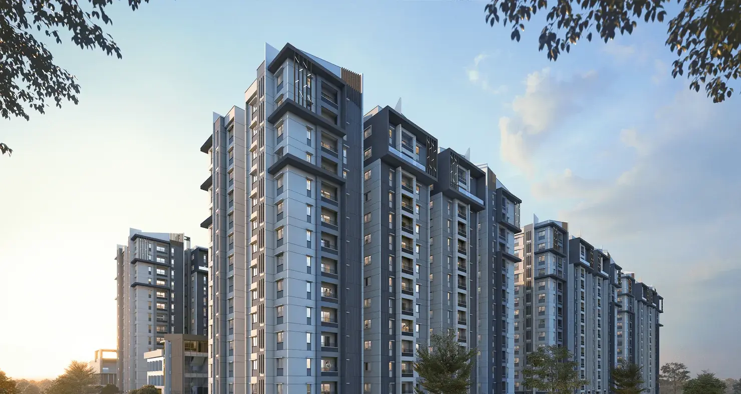 Residential towers framed by trees at Gardens by the Brook